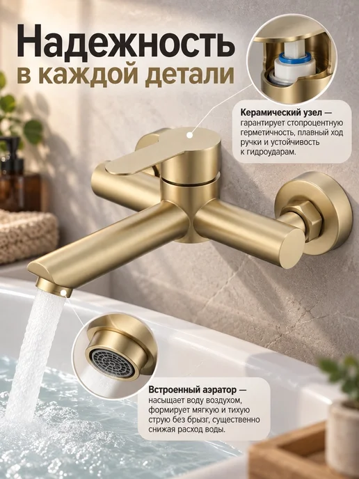 ЭлектроОПТ Смеситель для ванны настенный без душа, желтый, фото 3